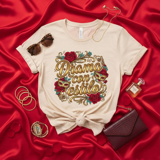 Drama con Estilo Shirt, Spanish Quote T-Shirt, Red Roses Masquerade Design Tee, Latina T-Shirt, Funny Hispanic Saying Top, Cute Graphic Shirt for Women, Feminine Style Gift Idea Mexicada