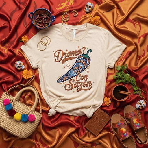 Drama? Con Sazón T-Shirt, Spice Chili Pepper Graphic Tee, Floral Mexican Talavera Art Shirt, Boho Unisex Hispanic Heritage Apparel Gift Mexicada