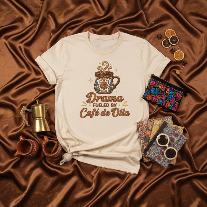 Drama Fueled By Café de Olla T-Shirt, Coffee Lover Gift, Mexican Hot Chocolate Mug Design, Cozy Drink Shirt, Cute Floral Cup Graphic Tee, Unisex Soft Style Top Mexicada