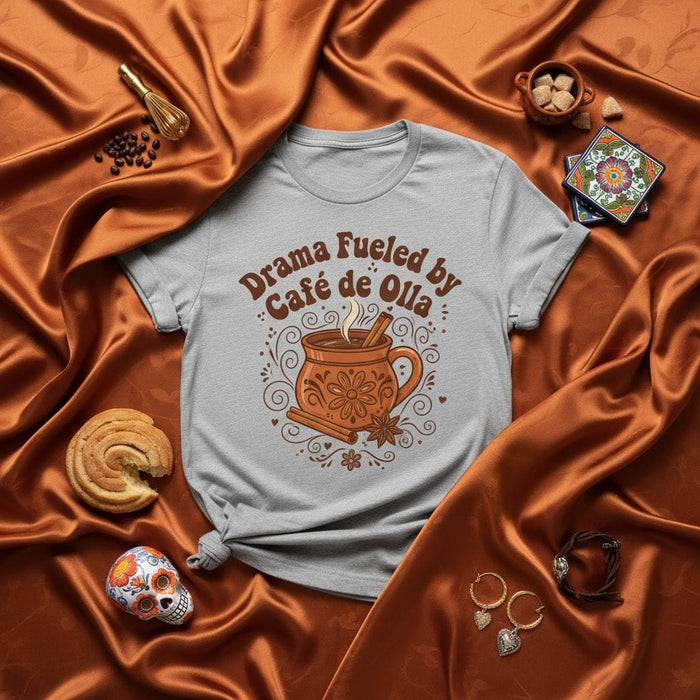 Drama Fueled by Café de Olla T-Shirt, Funny Coffee Mug Shirt, Mexican Coffee Lover Gift, Concha Pan Dulce Sugar Skull Latinx Apparel Tee Mexicada