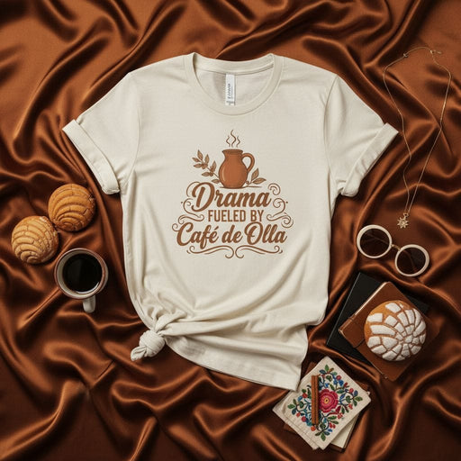 Drama Fueled By Café de Olla T-Shirt, Mexican Coffee Lovers Tee, Concha Bread Sweet Bread Drink Shirt, Funny Latina Gift, Hispanic Heritage. Mexicada