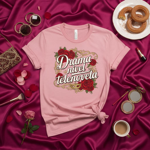 Drama Nivel Telenovela Shirt, Novela Tee, Funny Spanish T-Shirt, Roses Design, Mexican Hispanic Women Gift, Latina Life Drama T-shirt, Pink Unisex Shirt, Telenovela Lover Apparel, Mascara Mask, Gold Frame Graphic Top Mexicada