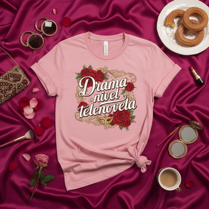 Drama Nivel Telenovela Shirt, Novela Tee, Funny Spanish T-Shirt, Roses Design, Mexican Hispanic Women Gift, Latina Life Drama T-shirt, Pink Unisex Shirt, Telenovela Lover Apparel, Mascara Mask, Gold Frame Graphic Top Mexicada