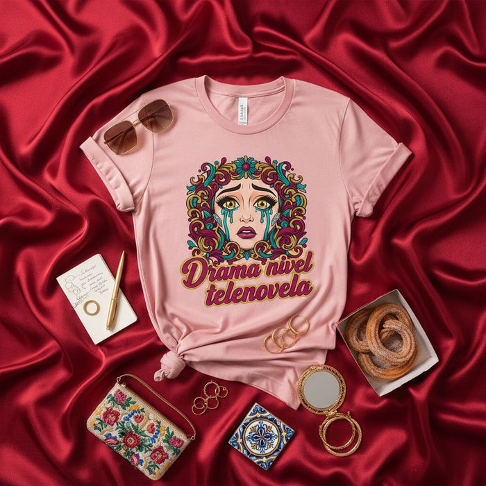 Drama Nivel Telenovela Shirt, Telenovela Drama Level T-Shirt, Spanish Quote Tee, Crying Woman Graphic Shirt, Latina Style Apparel, Funny Hispanic Gift, Pastel Pink Unisex T-shirt. Mexicada