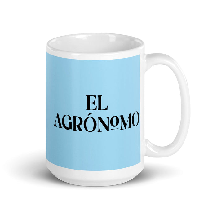 El Agrónomo The Agronomist Funny Home Office Work Coffee Mug Mexican Spanish Pride Gift White Glossy Cup Sky Blue Card Mug Mexicada 15 oz