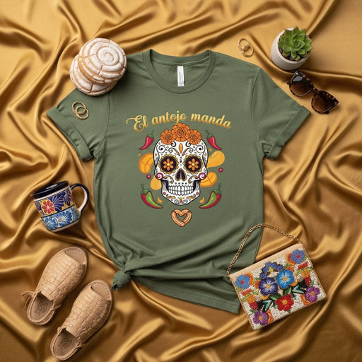 El antojo manda Sugar Skull T-Shirt, Day of the Dead Calavera Tee, Mexican Food Lover Gift, Chile Pepper Graphic Shirt, Dia de Muertos Unisex Top Mexicada