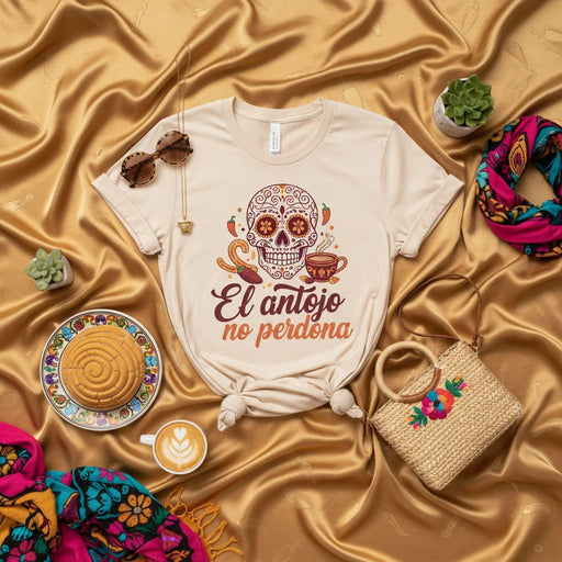 El antojo no perdona Sugar Skull T-Shirt, Spiced Coffee and Concha Shirt, Dia de Muertos Calavera Tee, Mexican Pan Dulce and Cafe Shirt, Unisex Apparel Mexicada
