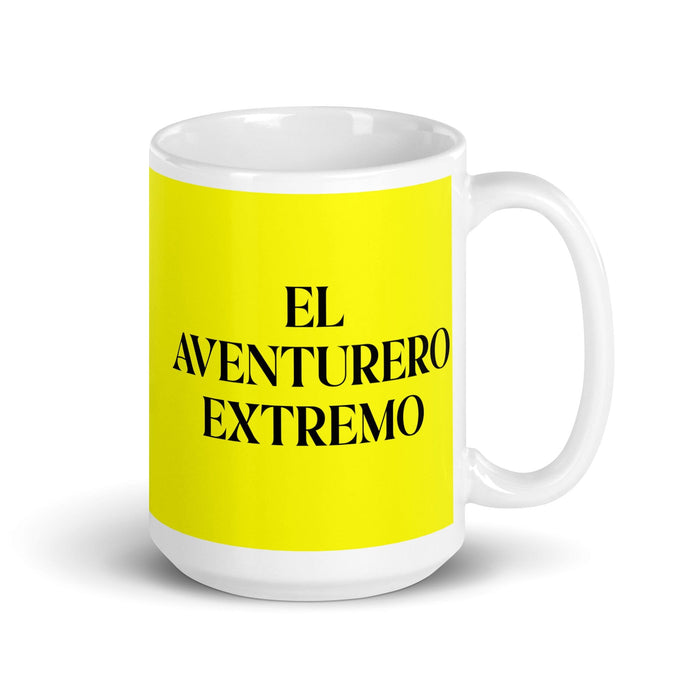 El Aventurero Extremo The Extreme Adventurer Funny Home Office Work Coffee Mug Mexican Spanish Pride Gift White Glossy Cup Yellow Card Mug Mexicada 15 oz