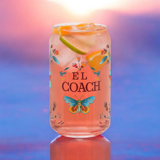 El Coach Exclusive Art Piece Can-Shaped Glass Home Office Work Mexican Spanish Pride Gift Cup One-Of-A-Kind Calligraphy Glass | E1 Mexicada