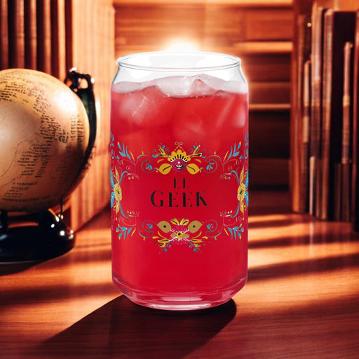 El Geek Exclusive Art Piece Can-Shaped Glass Home Office Work Mexican Spanish Pride Gift Cup One-Of-A-Kind Calligraphy Glass | E4 Mexicada