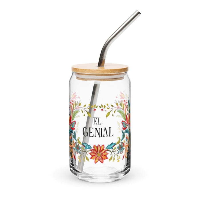 El Genial Exclusive Art Piece Can-Shaped Glass Home Office Work Mexican Spanish Pride Gift Cup One-Of-A-Kind Calligraphy Glass | E11 Mexicada 16 oz With Lid & Straw