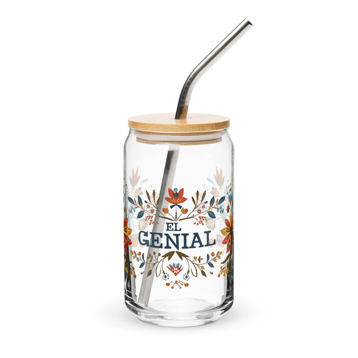 El Genial Exclusive Art Piece Can-Shaped Glass Home Office Work Mexican Spanish Pride Gift Cup One-Of-A-Kind Calligraphy Glass | E15 Mexicada 16 oz With Lid & Straw