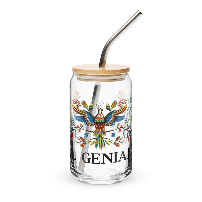 El Genial Exclusive Art Piece Can-Shaped Glass Home Office Work Mexican Spanish Pride Gift Cup One-Of-A-Kind Calligraphy Glass | E2 Mexicada 16 oz With Lid & Straw