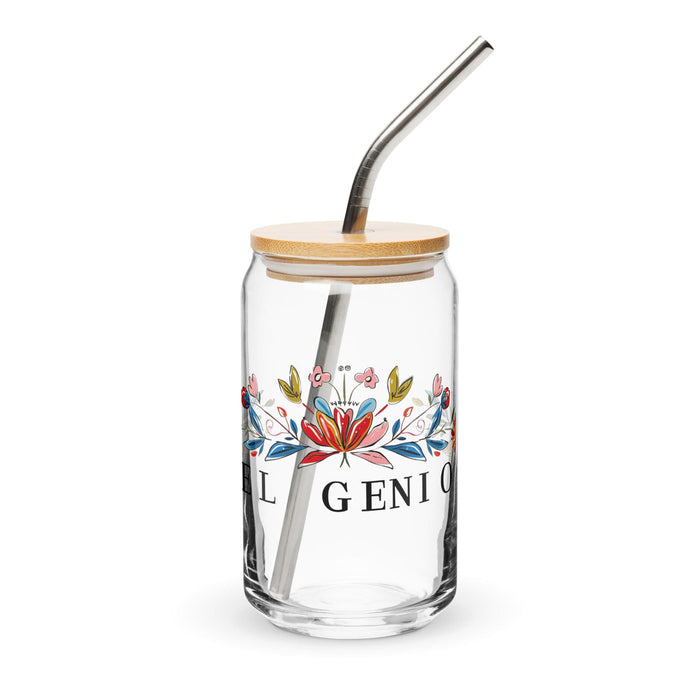 El Genio Exclusive Art Piece Can-Shaped Glass Home Office Work Mexican Spanish Pride Gift Cup One-Of-A-Kind Calligraphy Glass | E1 Mexicada 16 oz With Lid & Straw