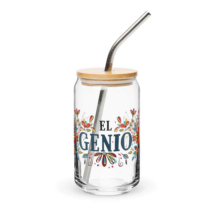 El Genio Exclusive Art Piece Can-Shaped Glass Home Office Work Mexican Spanish Pride Gift Cup One-Of-A-Kind Calligraphy Glass | E14 Mexicada 16 oz With Lid & Straw