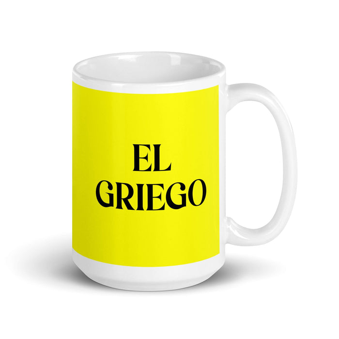 El Griego The Greek Funny Home Office Work Coffee Mug Mexican Spanish Pride Gift White Glossy Cup Yellow Card Mug Mexicada 15 oz