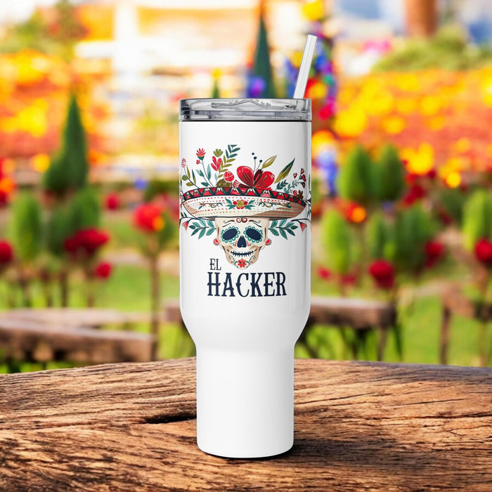 El Hacker Exclusive Art Piece Travel Mug With Handle For Water, Iced Tee Or Coffee | Funny Cute Gift Idea Home Office Work | Mexican Spanish Pride | E3 Mexicada 40 oz