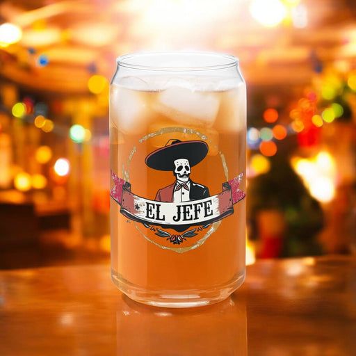 El Jefe Exclusive Art Piece Can-Shaped Glass Home Office Work Mexican Spanish Pride Gift Cup One-Of-A-Kind Calligraphy Glass | E12 Mexicada