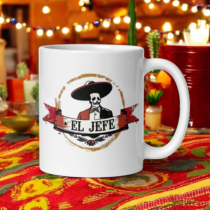 El Jefe Exclusive Art Piece Home Office Work Coffee Mug Mexican Spanish Pride Gift Cup One-Of-A-Kind Calligraphy White Glossy Mug | E12 Mexicada 11 oz