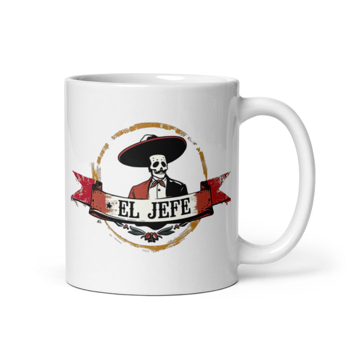 El Jefe Exclusive Art Piece Home Office Work Coffee Mug Mexican Spanish Pride Gift Cup One-Of-A-Kind Calligraphy White Glossy Mug | E12 Mexicada