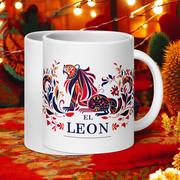 El León Exclusive Name Art Piece Home Office Work Coffee Mug Mexican Spanish Pride Gift Cup One-Of-A-Kind Calligraphy White Glossy Mug | E4 Mexicada 20 oz