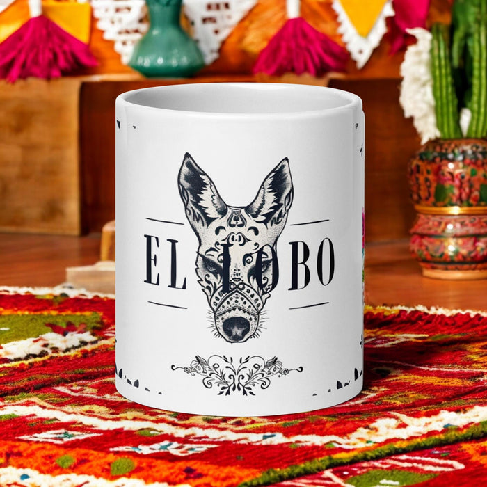 El Lobo Exclusive Art Piece Home Office Work Coffee Mug Mexican Spanish Pride Gift Cup One-Of-A-Kind Calligraphy White Glossy Mug | E8 Mexicada 20 oz