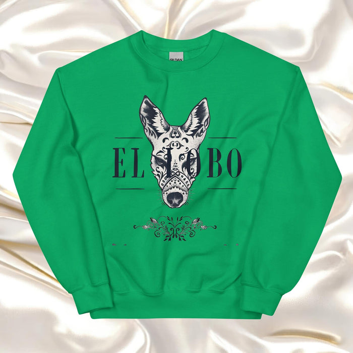 El Lobo Exclusive Art Piece Home Office Work Mexican Spanish Pride Gift One-Of-A-Kind Unisex Sweatshirt | E8 Mexicada Irish Green / S