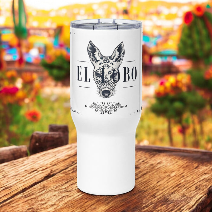 El Lobo Exclusive Art Piece Travel Mug With Handle For Water, Iced Tee Or Coffee | Funny Cute Gift Idea Home Office Work | Mexican Spanish Pride | E8 Mexicada 25 oz