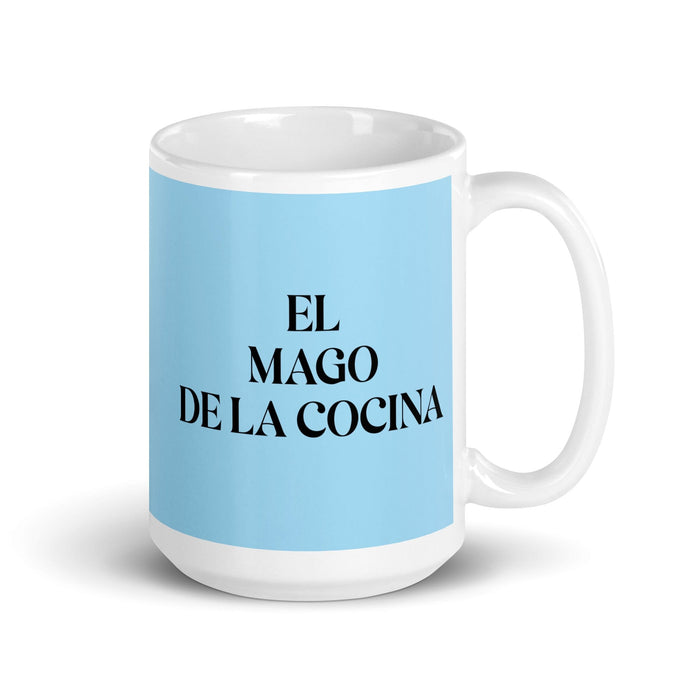 El Mago De La Cocina The Kitchen Wizard Funny Home Office Work Coffee Mug Mexican Spanish Pride Gift White Glossy Cup Sky Blue Card Mug Mexicada 15 oz