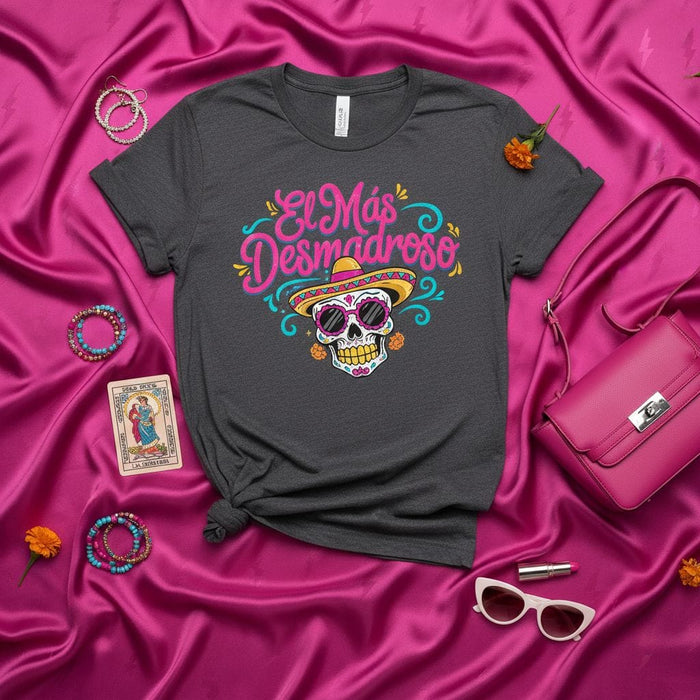 El Más Desmadróso Día de Muertos Sugar Skull T-Shirt, Funny Mexican Party Tee, Calavera with Sombrero and Sunglasses, Hispanic Heritage Month Gift, Dia de los Muertos Fiesta Shirt, Unisex Halloween Costume Top Mexicada