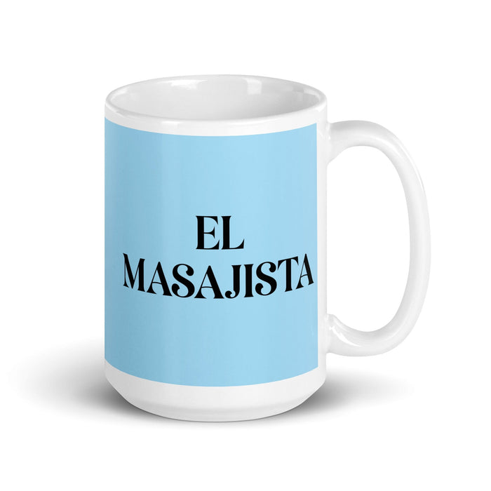 El Masajista The Masseuse Funny Home Office Work Coffee Mug Mexican Spanish Pride Gift White Glossy Cup Sky Blue Card Mug Mexicada 15 oz
