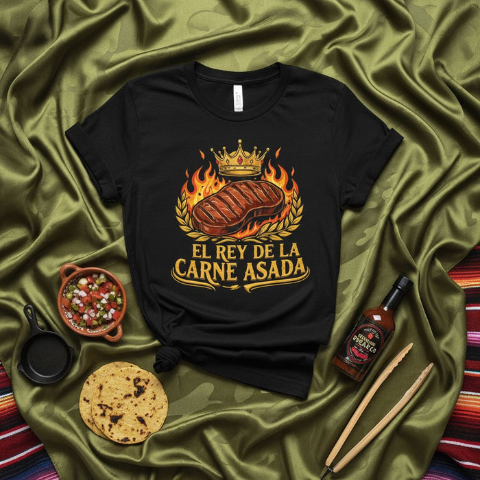 El Rey de la Carne Asada T-Shirt, King of the Grill Tee, Funny Spanish BBQ Shirt for Men, Mexican Grilling Party Outfit, Father's Day Gift for Dad who Loves Steak and Fire, Parrillero Gift Idea Mexicada