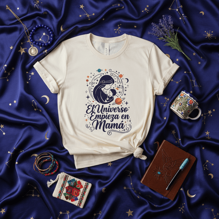 El Universo Empieza en Mamá T-Shirt, Spanish Mother's Day Tee, Cosmic Mom and Baby Silhouette, Celestial Pregnancy Reveal Gift, Esoteric Space Theme Shirt, Cute Short-Sleeve Motherhood Apparel Mexicada
