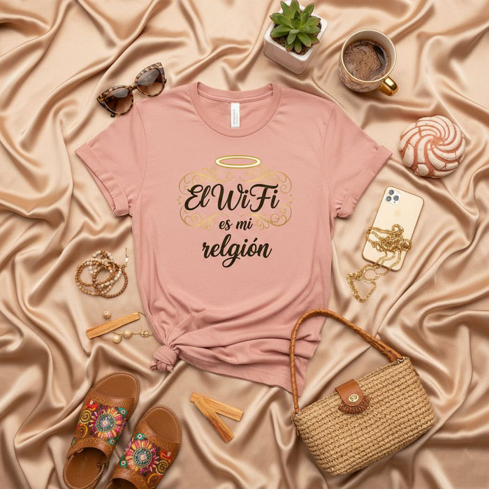 El WiFi es mi religión Camiseta Unisex, Camisa de Humor, Regalo para Amante del Internet, Playera Rosa Palo, T-Shirt en Español. Mexicada