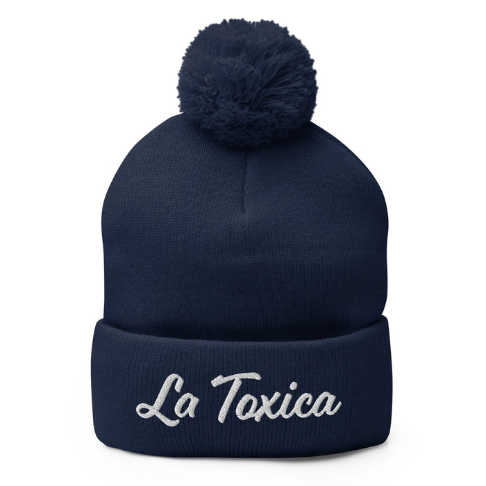 Embroidered La Toxica Spanish Mexican Bingo Game Funny Toxic Pom-Pom Beanie Mexicada Navy