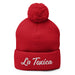 Embroidered La Toxica Spanish Mexican Bingo Game Funny Toxic Pom-Pom Beanie Mexicada Red