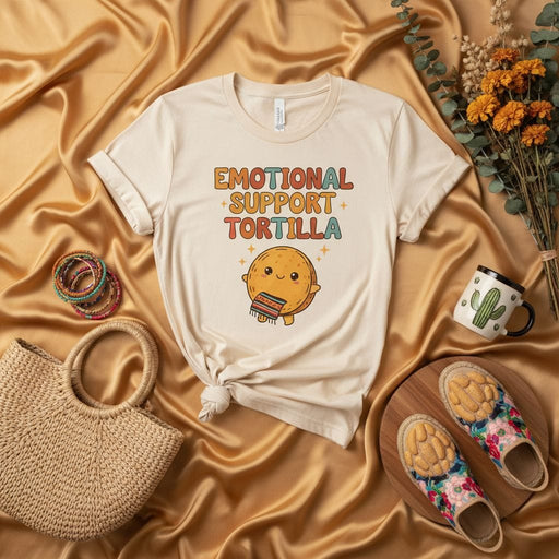 Emotional Support Tortilla T-Shirt, Funny Cute Comfort Food Tee, Trendy Boho Vintage Style Graphic Shirt, Humorous Mexican Food Pun Gift Top, Unisex Crewneck Apparel. Mexicada