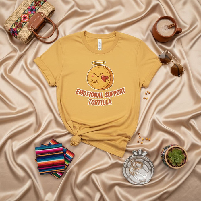 Emotional Support Tortilla T-Shirt, Funny Cute Food Shirt for Men Women, Humor Mexican Comfort Food Graphic Tee, Yellow Unisex Top Gift Idea Mexicada