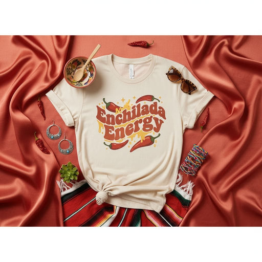 Enchilada Energy T-Shirt: Retro Groovy Chili Pepper Shirt, Funny Foodie Graphic Tee, Unisex Aesthetic Hispanic Inspired Apparel Gift Mexicada
