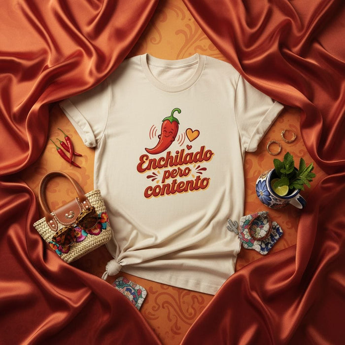 Enchilado Pero Contento T-Shirt, Cute Chili Pepper Graphic Tee, Spicy Food Lover Shirt, Funny Spanish Saying Apparel, Unisex Gift for Heat Lovers Mexicada