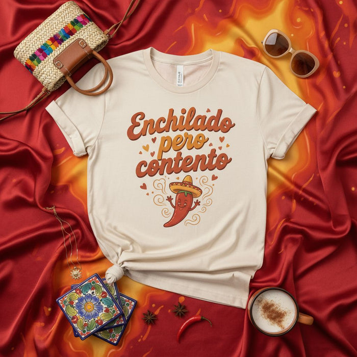 Enchilado pero Contento T-Shirt, Funny Spanish Chili Pepper Shirt, Cute Sombrero Hot Pepper Graphic Tee, Spicy Food Lover Gift, Mexican Fiesta Apparel, Unisex Design Mexicada