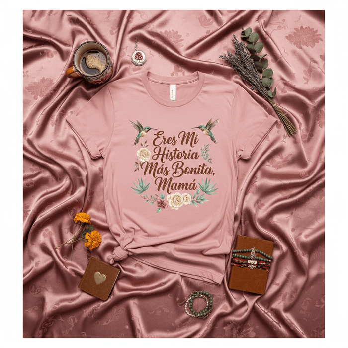 Eres Mi Historia Más Bonita, Mamá Hummingbird Floral T-Shirt, Spanish Mother's Day Gift, Cute Latin Mom Tee, Bella Canvas Soft Unisex Shirt, Hispanic Mama Love Top, Pink Dusty Rose Shirt Mexicada