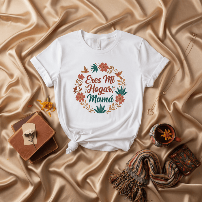 Eres Mi Hogar Mamá T-Shirt, Spanish Mother's Day Gift, Floral Wreath Design Tee, Mom Birthday Present, Latina Mama Shirt, Es Mi Hogar Camiseta para Mamá, Best Mother Ever, Cute Mom Top, Spanish Quote Shirt, Family Shirt, Mom Life Tee, Cozy Home Gift Mexicada