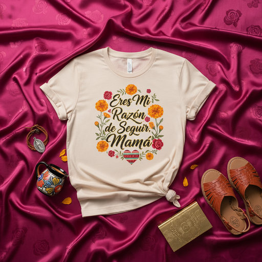 Eres Mi Razón de Seguir Mamá Marigold Floral T-Shirt, Spanish Mother's Day Gift, Día de las Madres Tee, Mexican Heritage Mom Shirt, Floral Wreath Design, Gift for Latina Mom, Hispanic Mother Apparel, Custom Family Shirt Mexicada