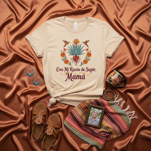 Eres Mi Razón de Seguir, Mamá T-Shirt: Día de las Madres Gift, Agave Heart Marigold Hummingbird Floral Graphic Tee, Spanish Mother's Day Shirt, Regalo para Mamá, Mexican Folk Art Inspired Unisex Tee Mexicada