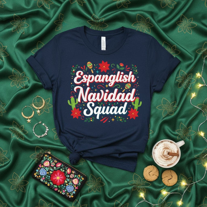 Espanglish Navidad Squad Shirt Funny Christmas Bilingual Holiday Party T-Shirt Latinx Family Matching Xmas Gift Tee Poinsettia Cactus Fiesta Theme Apparel Mexicada