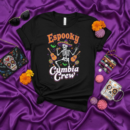 Espooky Cumbia Crew T-Shirt, Funny Halloween Skeleton Mariachi Guitar Musician Tee, Day of the Dead Dia De Muertos Spooky Season Party Shirt, Hispanic Heritage Gift, Unisex Black Top Mexicada