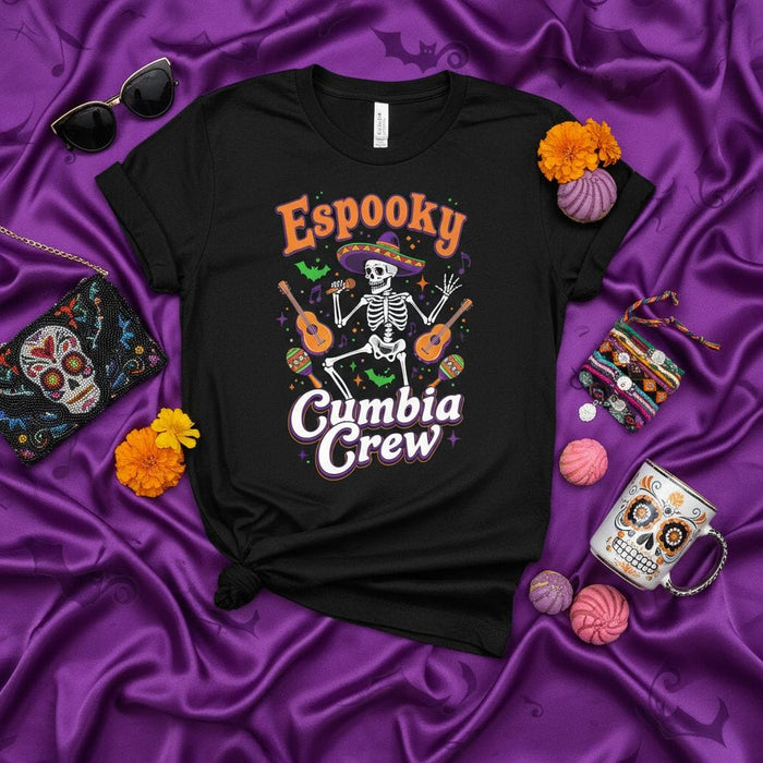 Espooky Cumbia Crew T-Shirt, Funny Halloween Skeleton Mariachi Guitar Musician Tee, Day of the Dead Dia De Muertos Spooky Season Party Shirt, Hispanic Heritage Gift, Unisex Black Top Mexicada