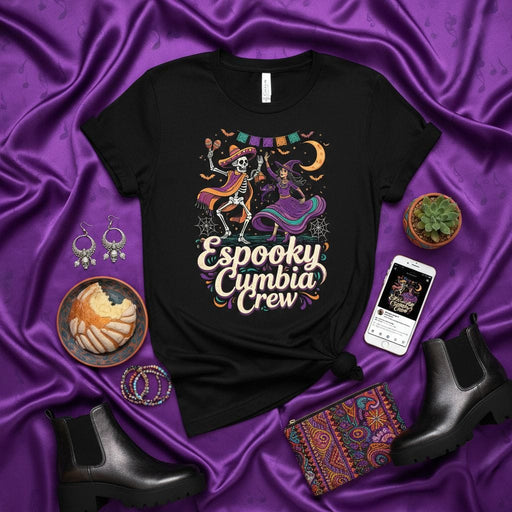 Espooky Cumbia Crew T-Shirt, Funny Halloween Skeleton Witch Dancing Tee, Day of the Dead Dia de Muertos Party Shirt, Spooky Latin Music Concert Outfit, Unisex Gift for Cumbia Lovers Mexicada