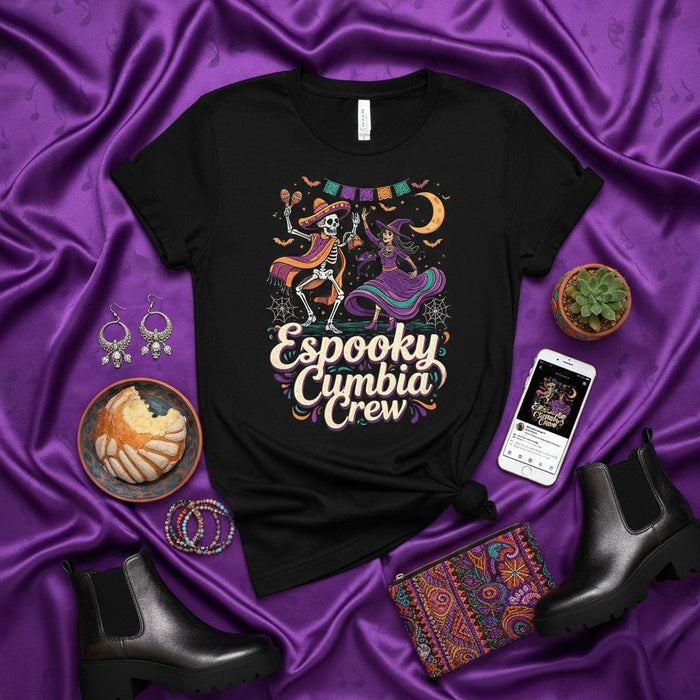 Espooky Cumbia Crew T-Shirt, Funny Halloween Skeleton Witch Dancing Tee, Day of the Dead Dia de Muertos Party Shirt, Spooky Latin Music Concert Outfit, Unisex Gift for Cumbia Lovers Mexicada